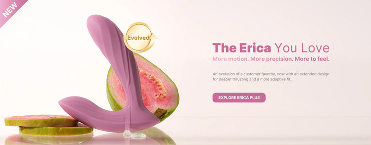 Pink prostate massager with guava slices on a white background, featuring the brand 'Evolved.'