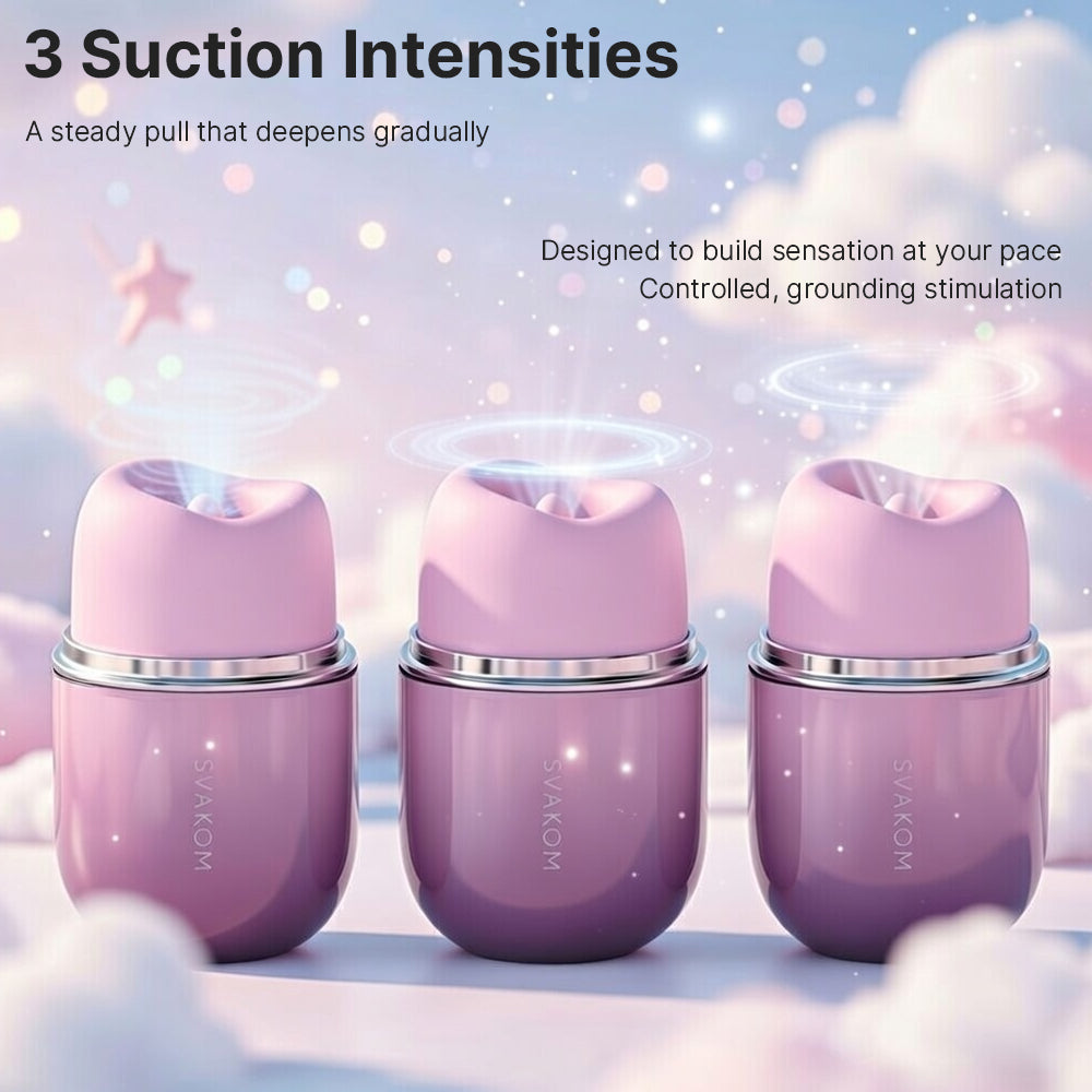 Three pink and purple devices with '3 Suction Intensities' text on a soft, cloud-like background.