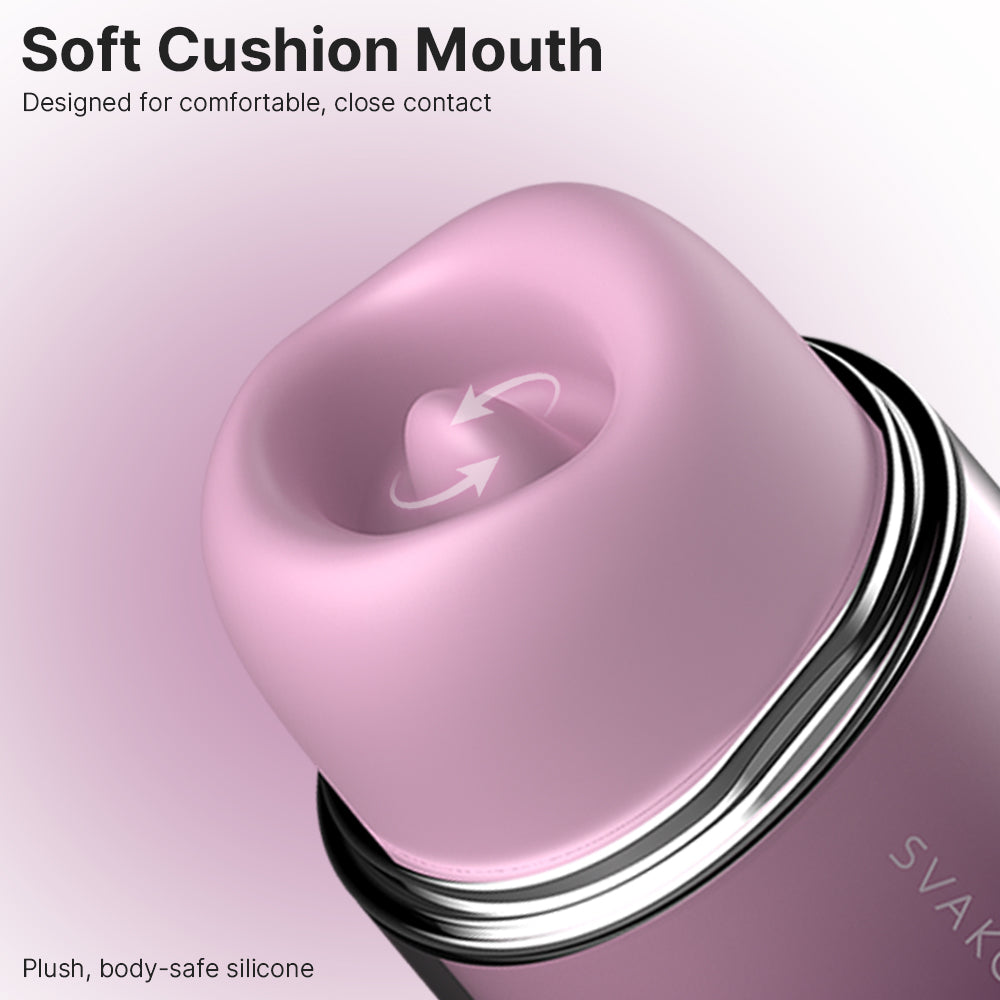 Pink silicone product with 'SVAKOM' branding on a light pink background